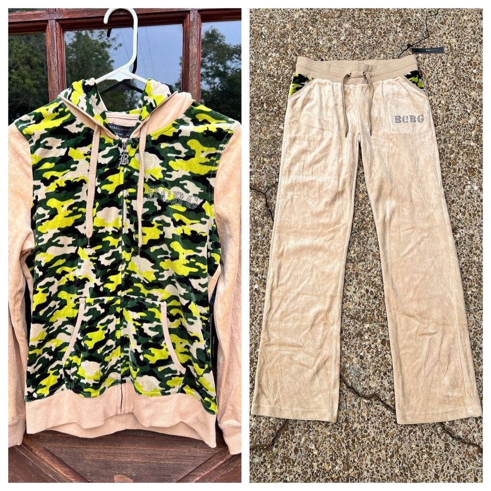 Y2K 2000s style BCBG velour tan & camo track suit jacket pants bling $320 M NWT
